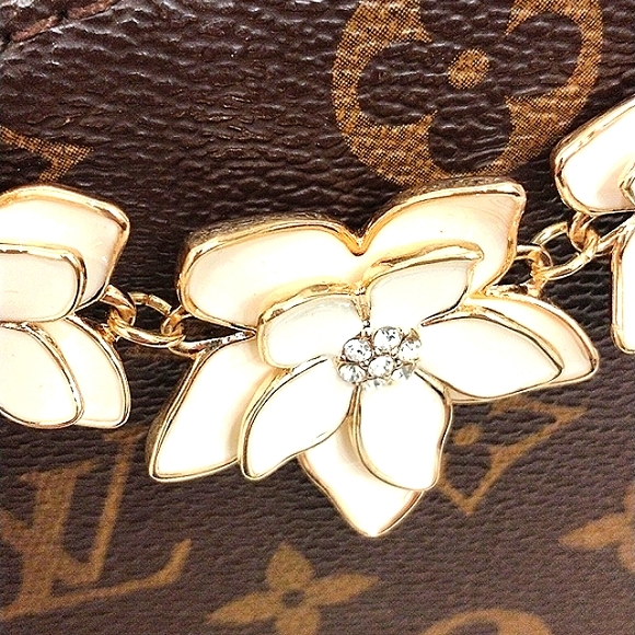 Purse Chain Charm 3 Camelia Plumeria Flowers Roses w Simulated Diamond G… - Picture 8 of 11